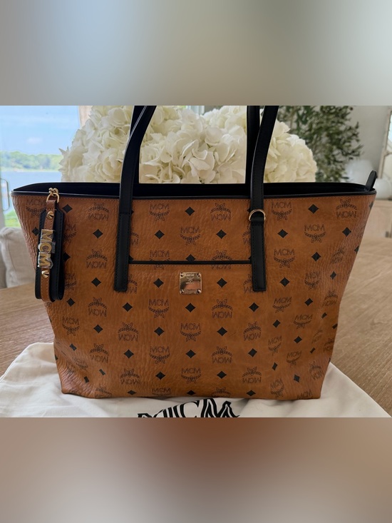 MCM Handbags - MCM Cognac Visetos Tote with Black Trim and Handles